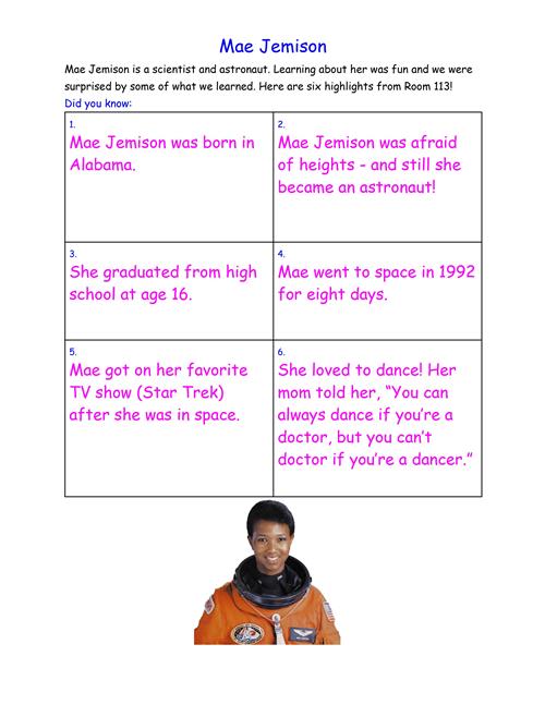 Photo shows a chart with a list of facts about scientist and astronaut Mae Jemison